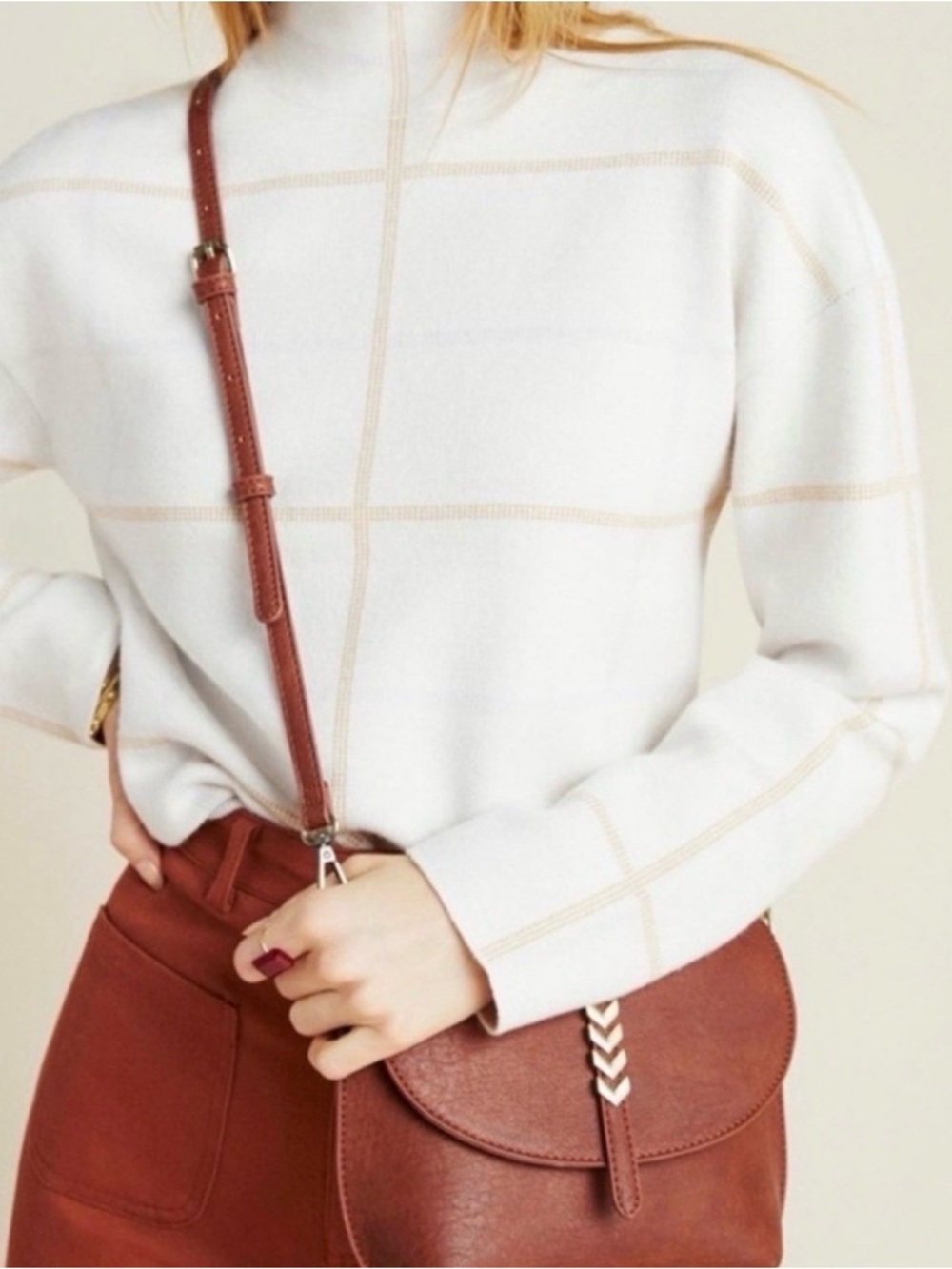 Anthropologie | Neutral Windowpane Mockneck Sweater